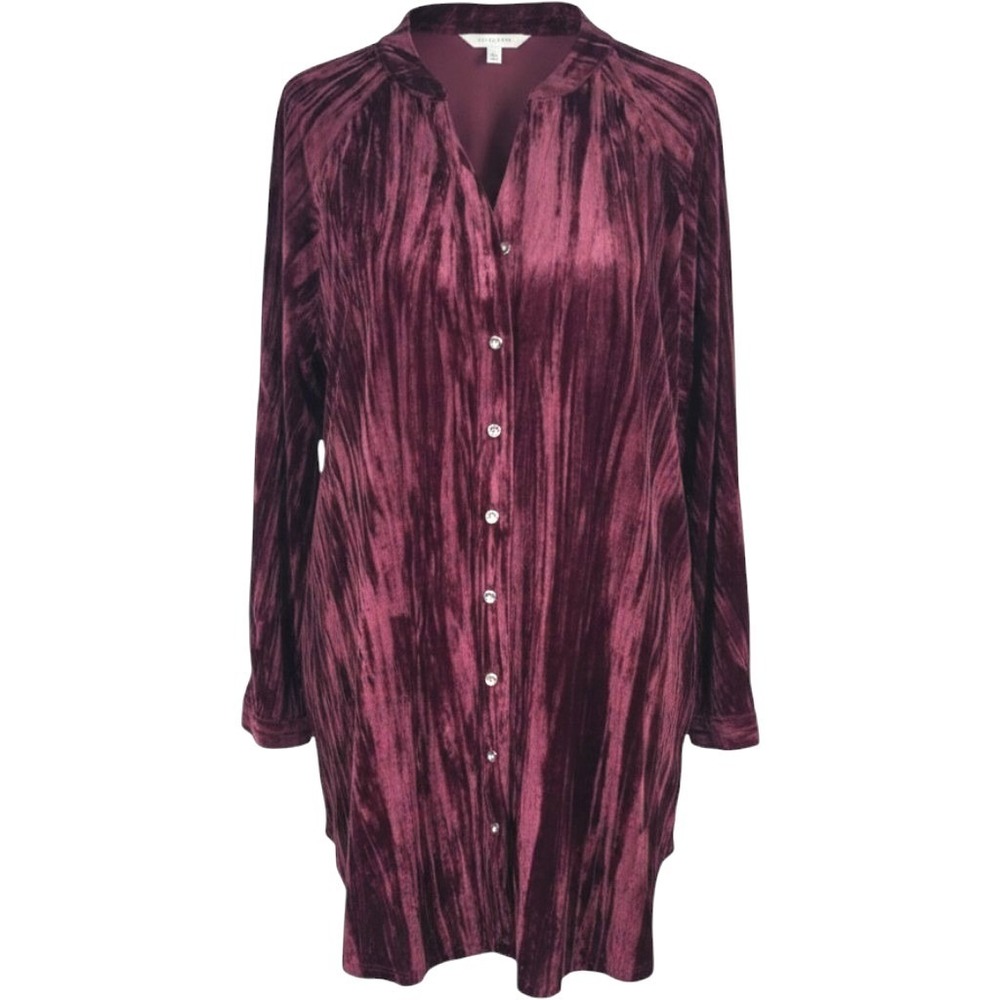 Button Down Tunic Top Wine Burgundy Crushed Velvet Long Sleeve Holiday 18/20W